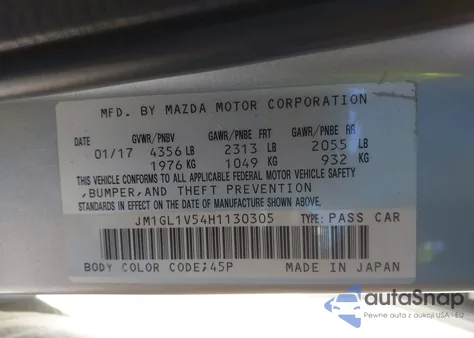 2017 Mazda Mazda6 Touring z USA, uszkodzony, nr VIN JM1GL1V54H1130305